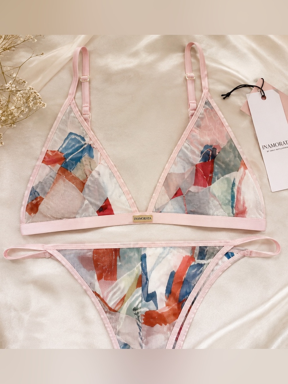 iNAMORATA Printed Mesh Bralette Panty Lingerie Set XXL